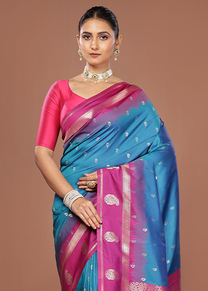 Blue Dupion Silk Saree With Blouse Piece