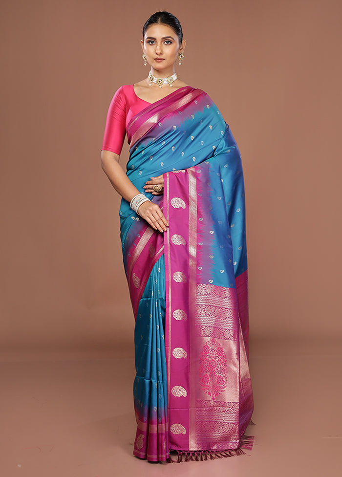 Blue Dupion Silk Saree With Blouse Piece