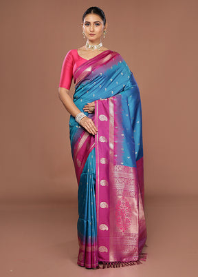 Blue Dupion Silk Saree With Blouse Piece