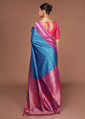 Blue Dupion Silk Saree With Blouse Piece