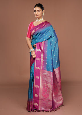 Blue Dupion Silk Saree With Blouse Piece