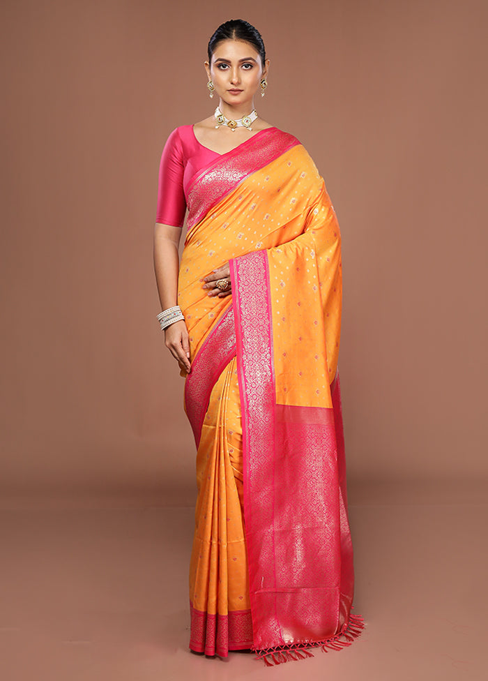 Yellow Dupion Silk Saree With Blouse Piece