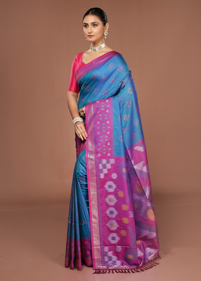 Blue Dupion Silk Saree With Blouse Piece