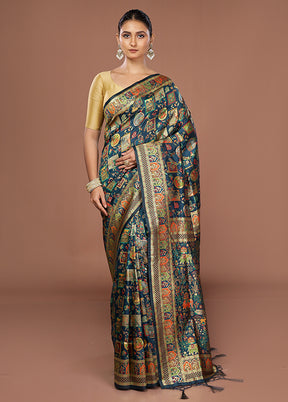Blue Dupion Silk Saree With Blouse Piece