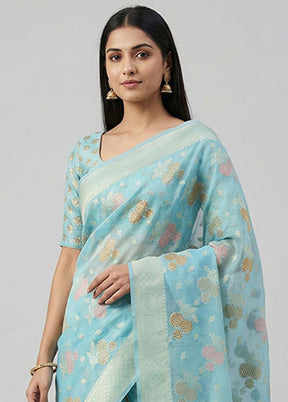 Blue Kora Silk Saree With Blouse Piece