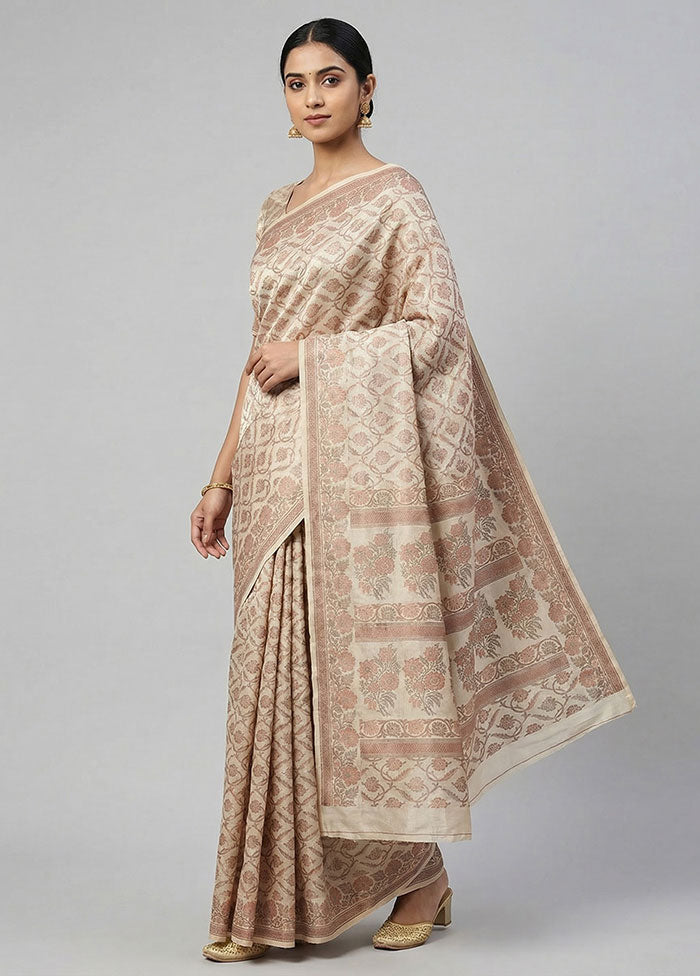 Cream Dupion Silk Saree With Blouse Piece