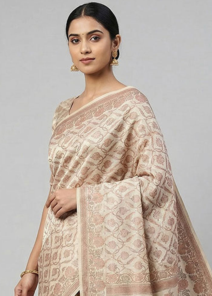 Cream Dupion Silk Saree With Blouse Piece