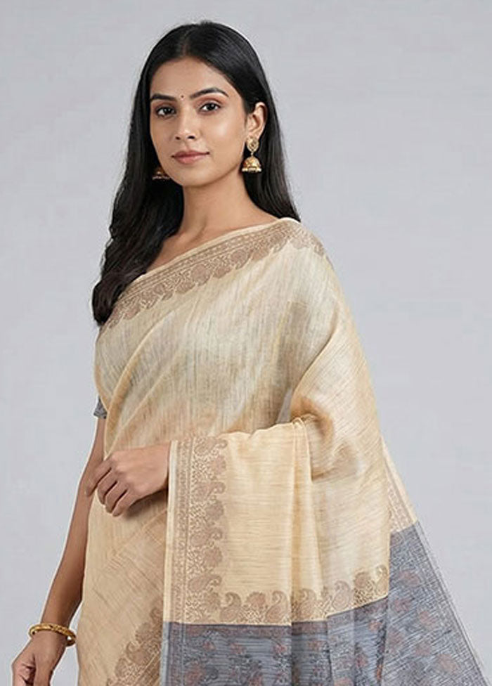 Cream Dupion Silk Saree With Blouse Piece