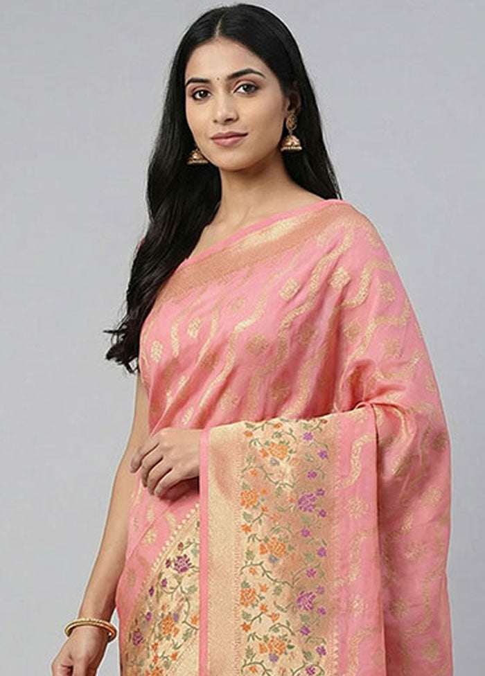 Pink Kora Silk Saree With Blouse Piece