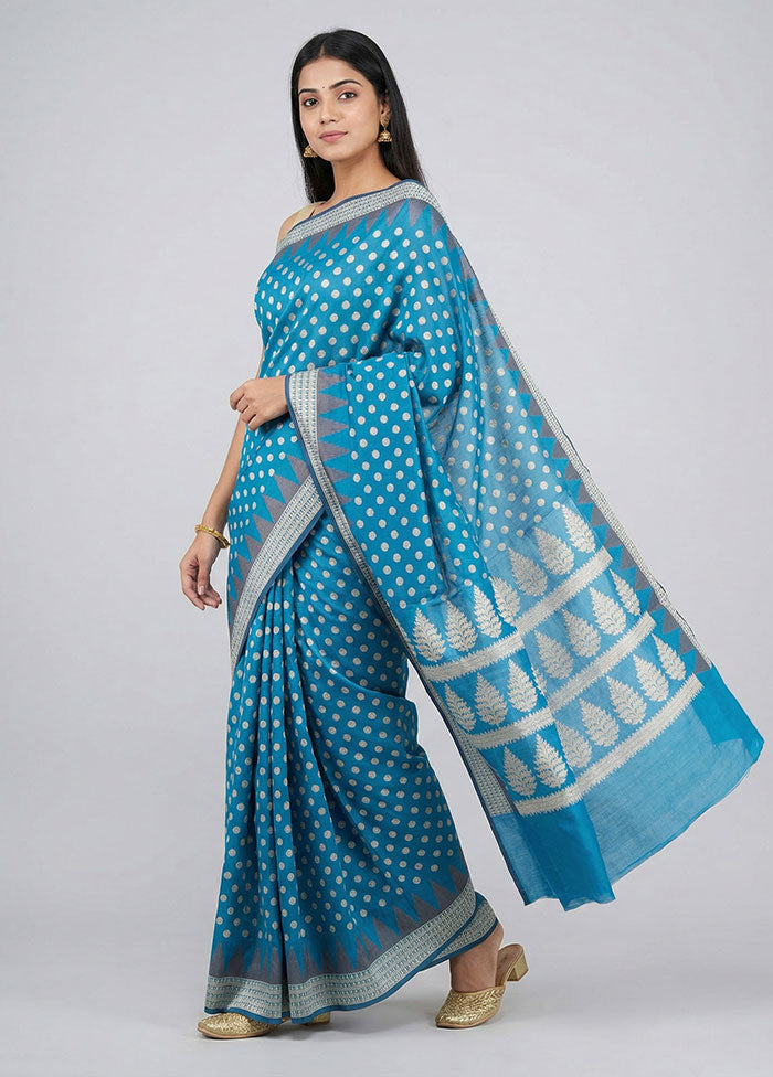 Blue Kora Silk Saree With Blouse Piece