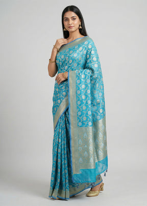 Blue Kora Silk Saree With Blouse Piece