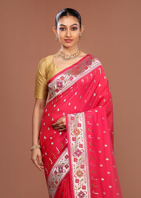 Pink Banarasi Silk Saree With Blouse Piece