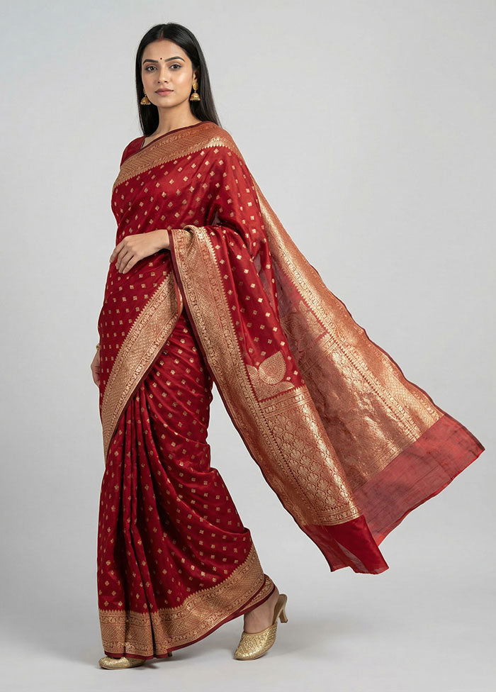 Maroon Kora Silk Saree With Blouse Piece