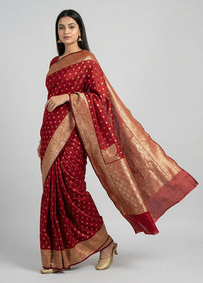 Maroon Kora Silk Saree With Blouse Piece