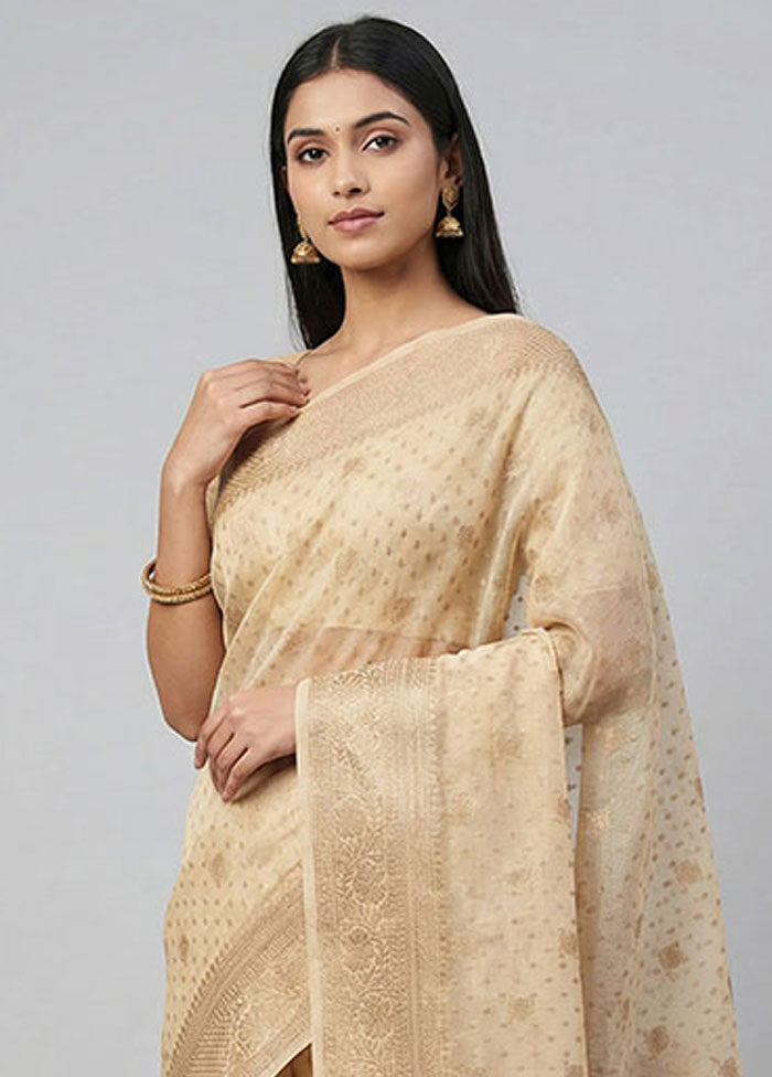 Cream Kora Silk Saree With Blouse Piece