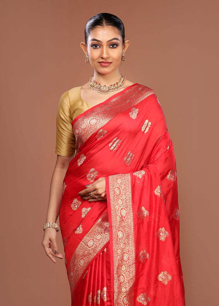 Red Dupion Silk Saree With Blouse Piece