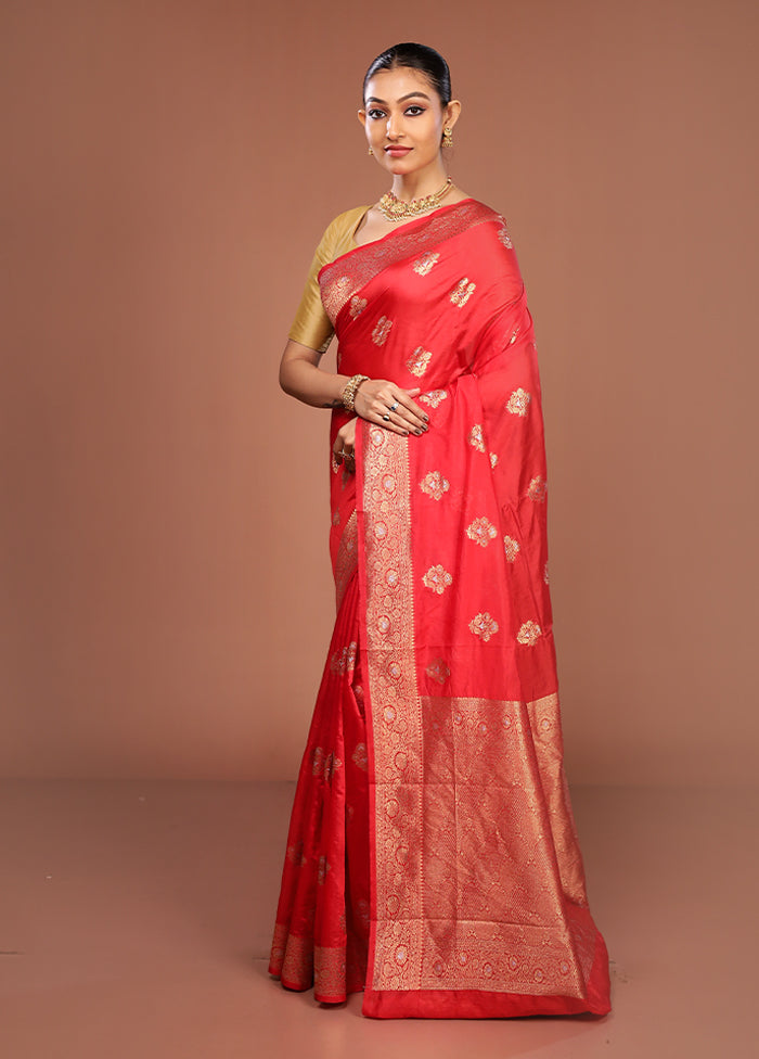 Red Dupion Silk Saree With Blouse Piece