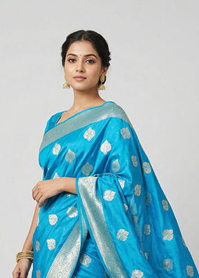 Blue Dupion Silk Saree With Blouse Piece