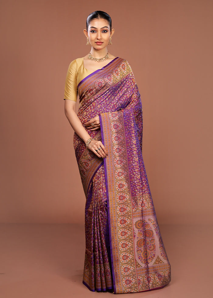 Purple Handloom Jamewar Pure Silk Saree With Blouse Piece