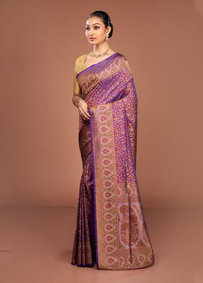 Purple Handloom Jamewar Pure Silk Saree With Blouse Piece