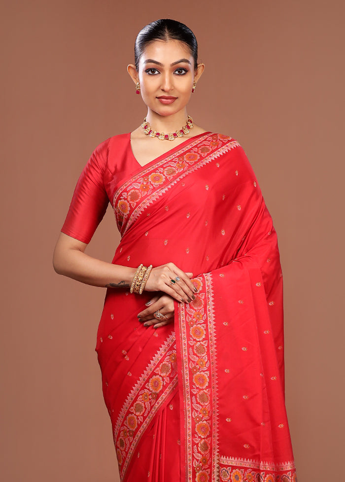 Red Handloom Jamewar Pure Silk Saree With Blouse Piece