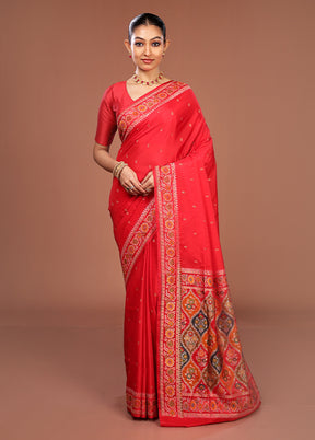 Red Handloom Jamewar Pure Silk Saree With Blouse Piece