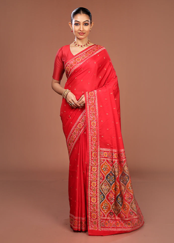 Red Handloom Jamewar Pure Silk Saree With Blouse Piece