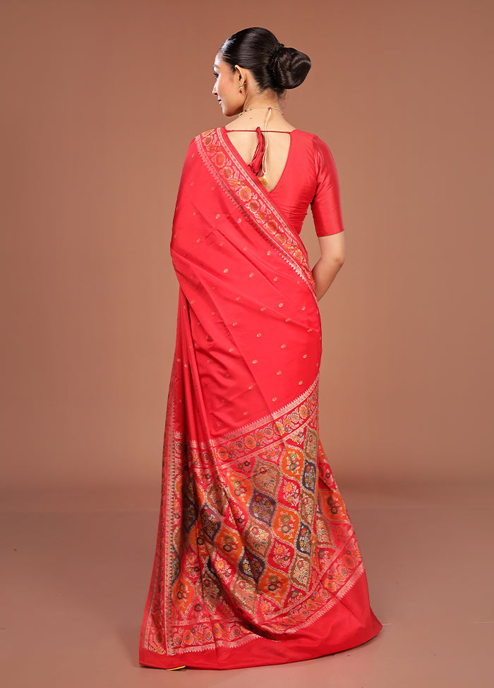 Red Handloom Jamewar Pure Silk Saree With Blouse Piece