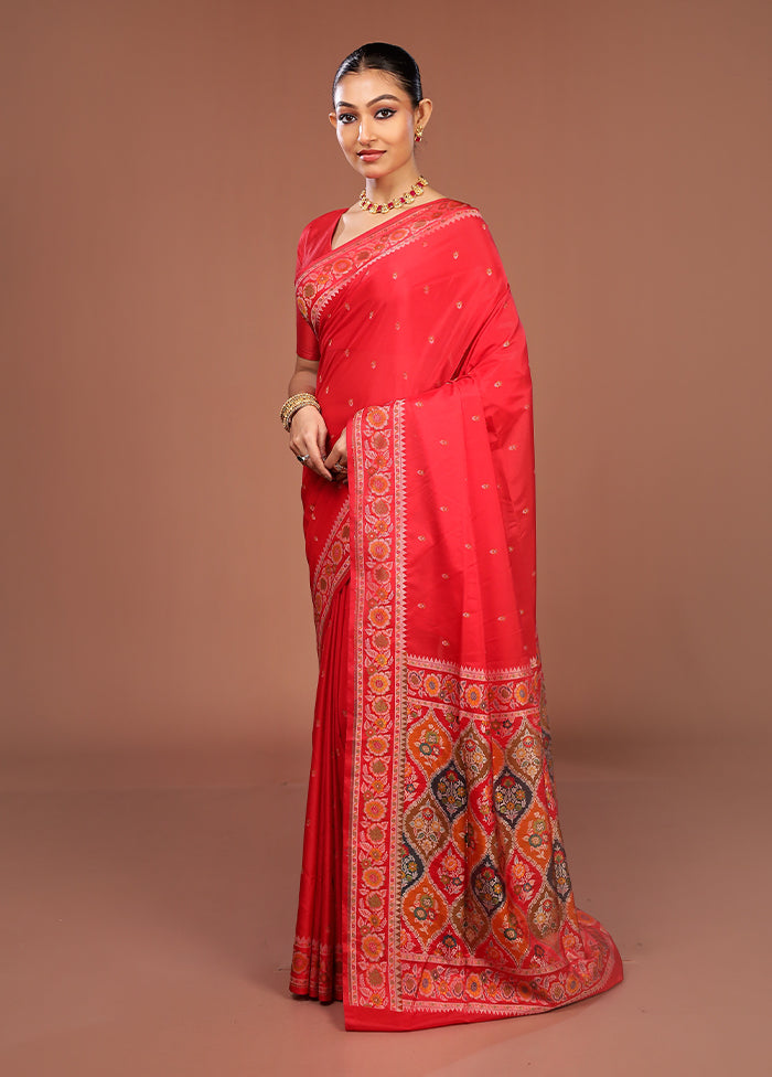 Red Handloom Jamewar Pure Silk Saree With Blouse Piece