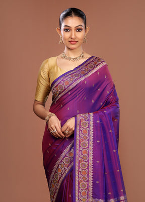 Purple Handloom Jamewar Pure Silk Saree With Blouse Piece