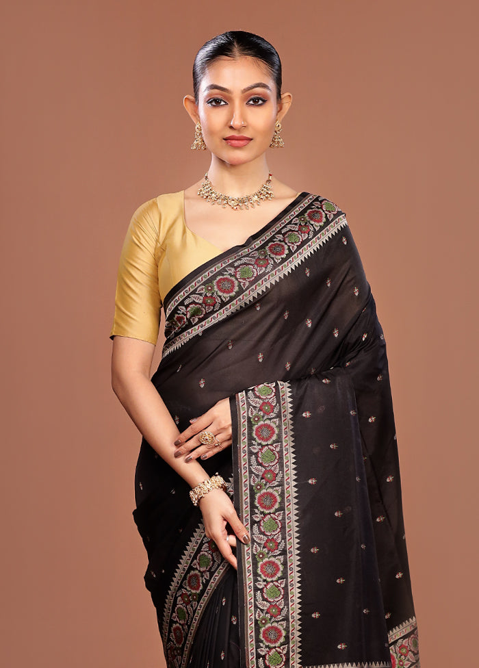 Black Handloom Jamewar Pure Silk Saree With Blouse Piece