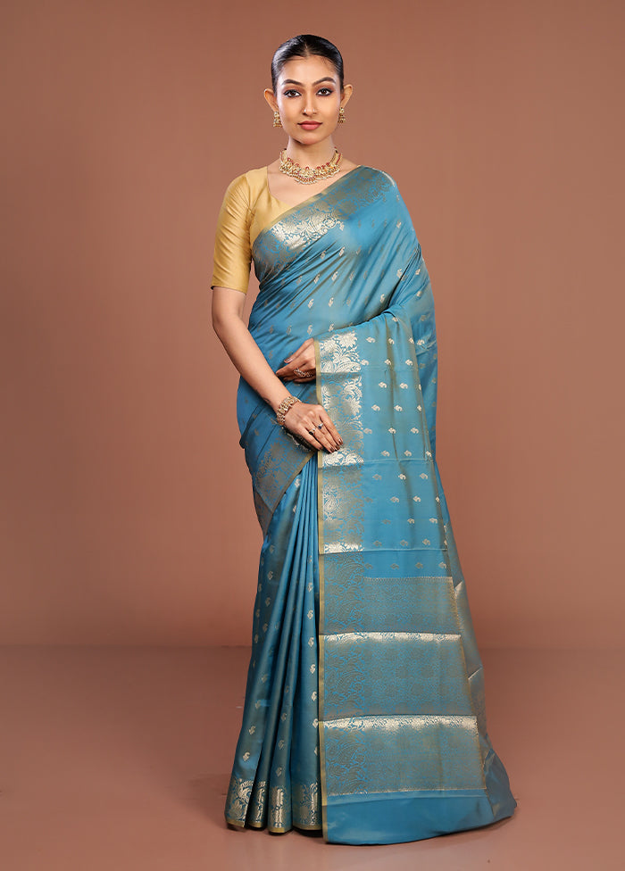 Blue Dupion Silk Saree With Blouse Piece