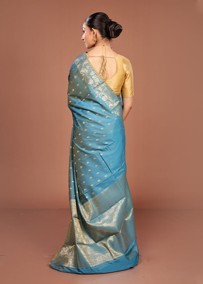 Blue Dupion Silk Saree With Blouse Piece