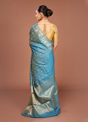 Blue Dupion Silk Saree With Blouse Piece