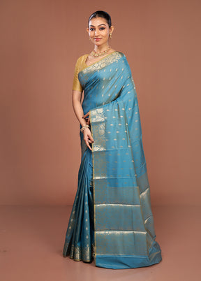 Blue Dupion Silk Saree With Blouse Piece