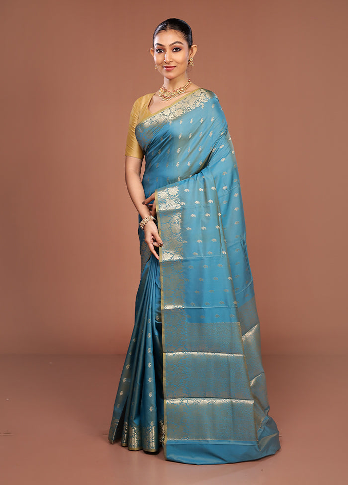 Blue Dupion Silk Saree With Blouse Piece