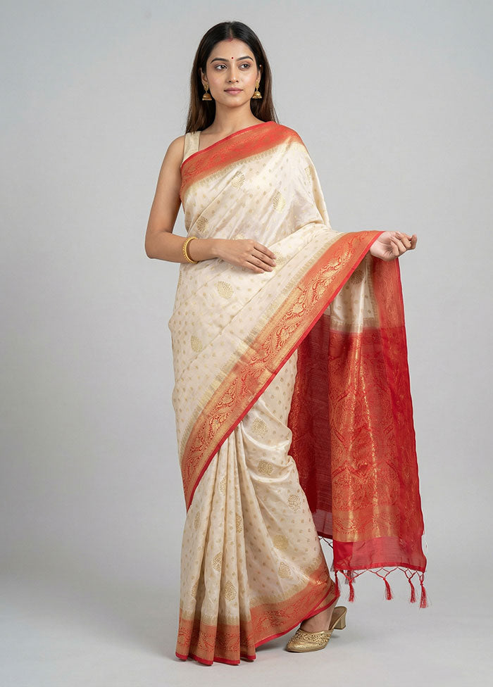 White Dupion Silk Saree With Blouse Piece
