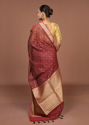 Maroon Kora Silk Saree With Blouse Piece