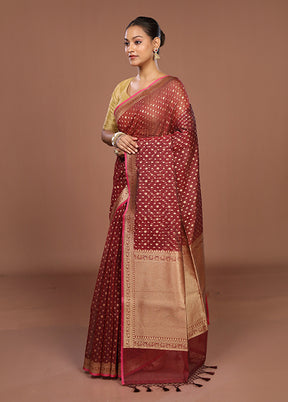Maroon Kora Silk Saree With Blouse Piece