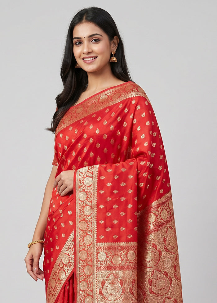 Red Banarasi Silk Saree With Blouse Piece