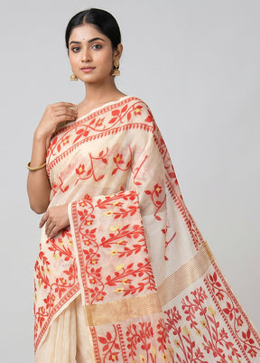 White Jamdani Cotton Saree Without Blouse Piece