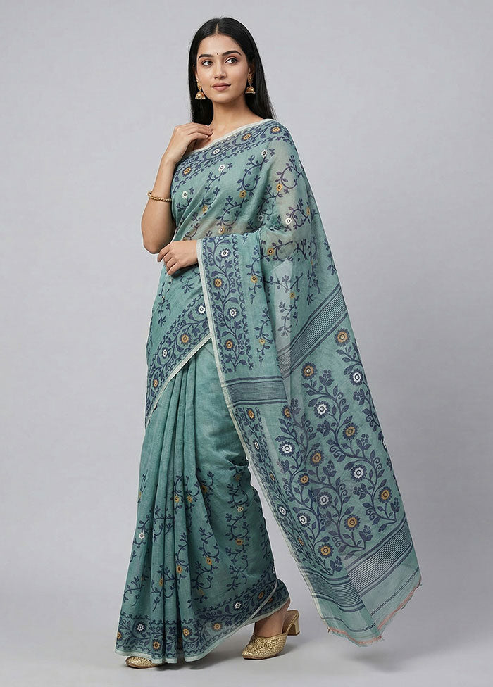 Blue Jamdani Cotton Saree Without Blouse Piece
