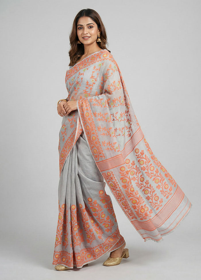 Blue Jamdani Cotton Saree Without Blouse Piece