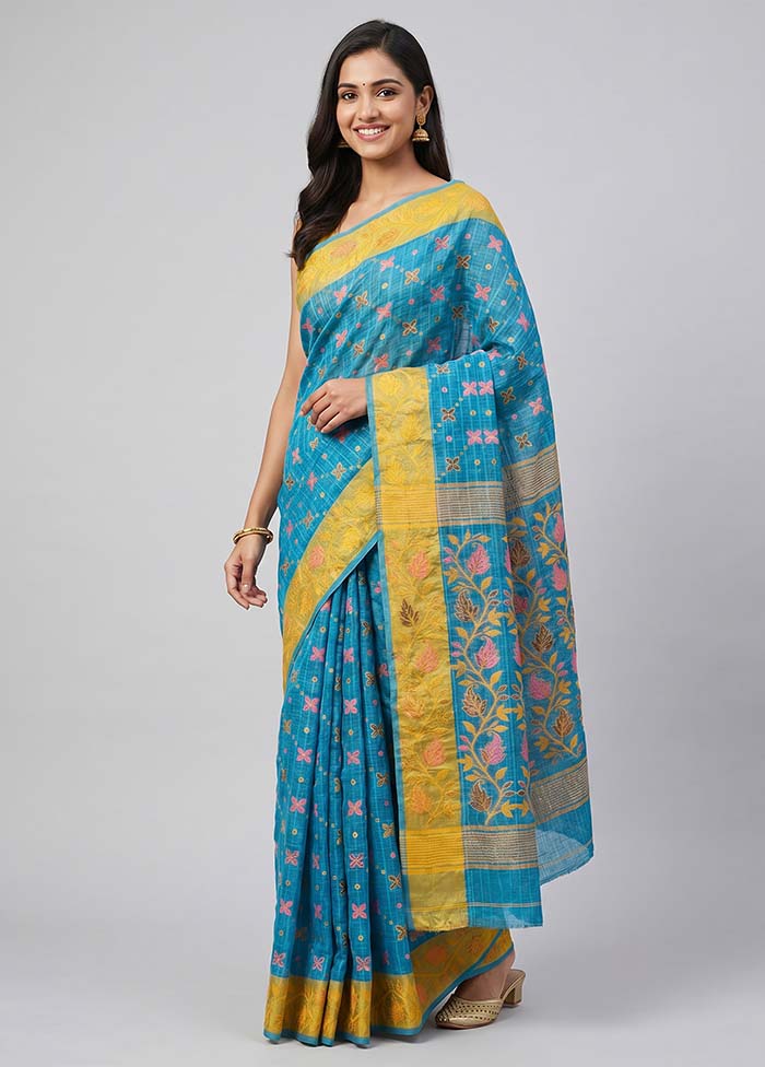 Blue Jamdani Cotton Saree Without Blouse Piece