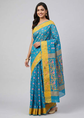 Blue Jamdani Cotton Saree Without Blouse Piece