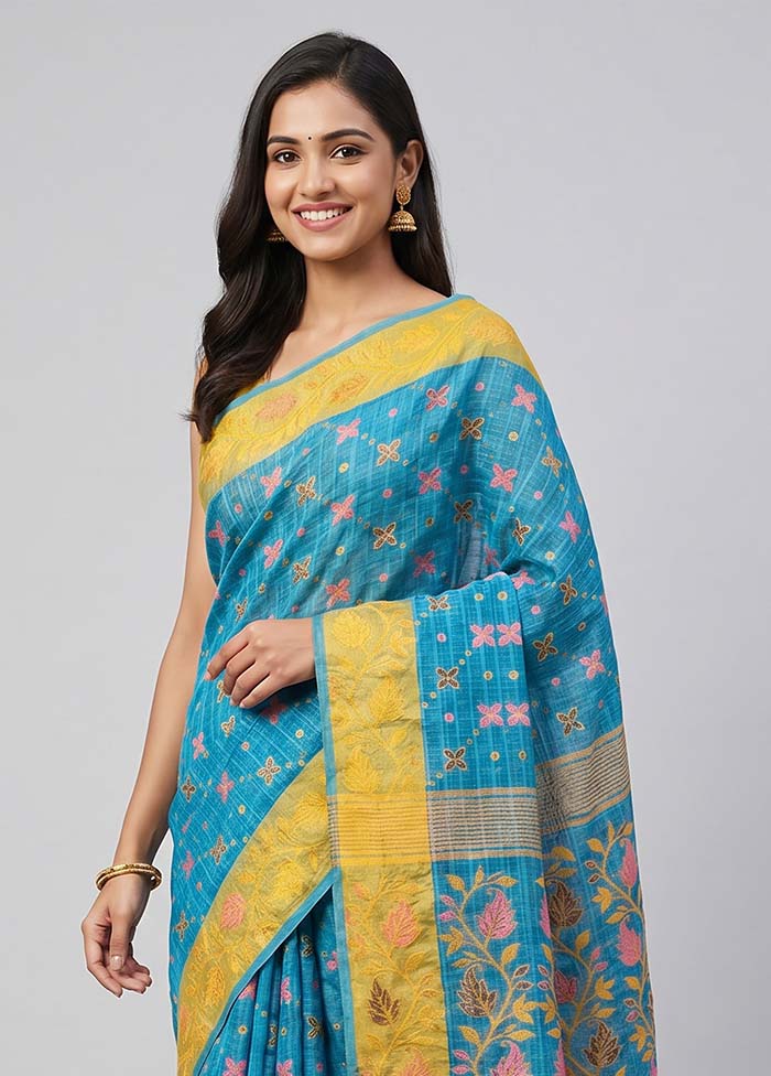 Blue Jamdani Cotton Saree Without Blouse Piece
