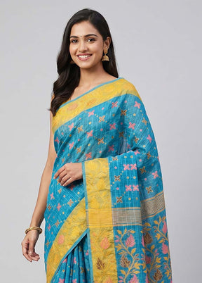 Blue Jamdani Cotton Saree Without Blouse Piece