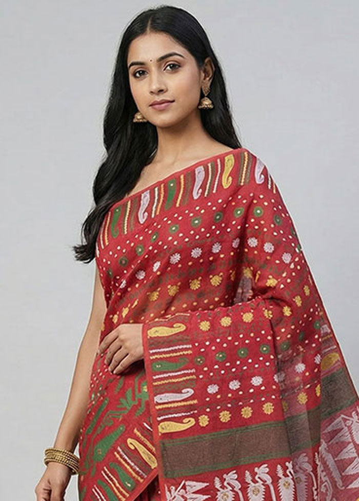 Pink Jamdani Cotton Saree Without Blouse Piece