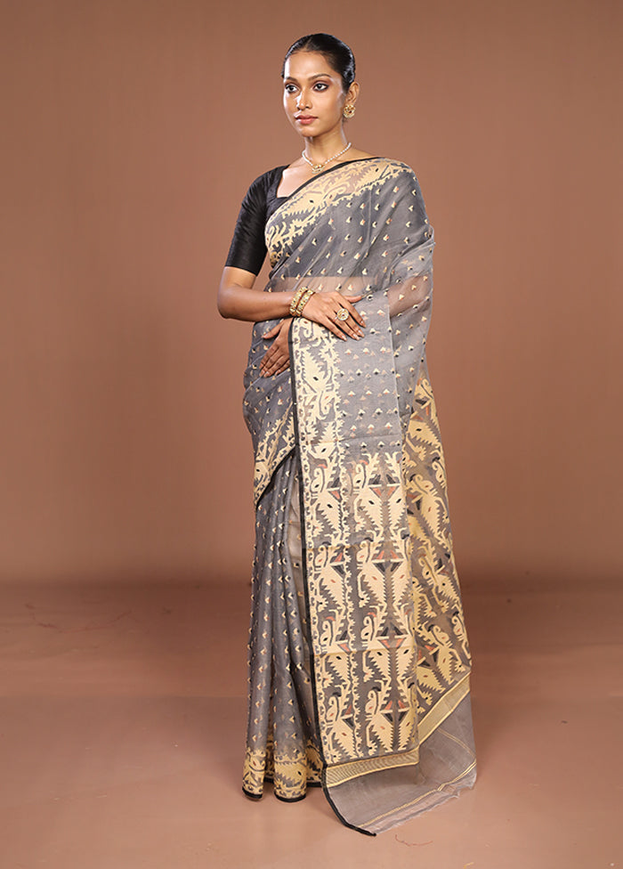 Grey Pure Cotton Jamdani Saree Without Blouse Piece