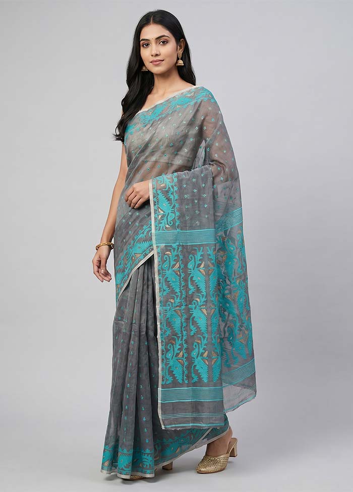 Grey Pure Cotton Jamdani Saree Without Blouse Piece